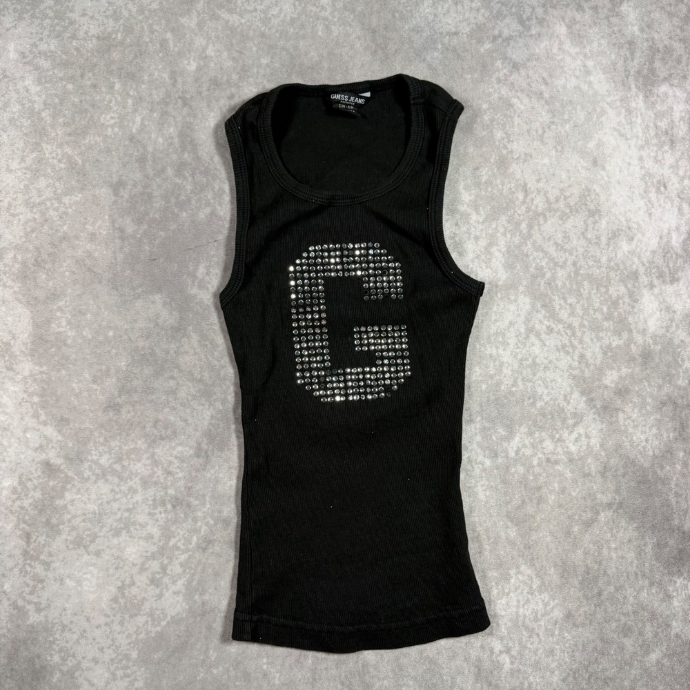 Vintage Y2K Guess Jeans Black Ribbed Rhinestone G Logo Tank Top USA S/M Babydoll